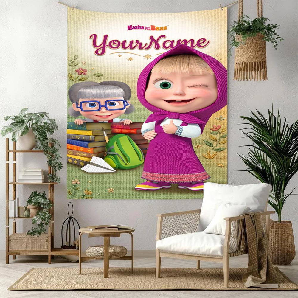 Masha Bear Custom Your Name Wall Decor Tapestry Art For Pet Memorial Birthdaywedding Party Backdrop Family Gift