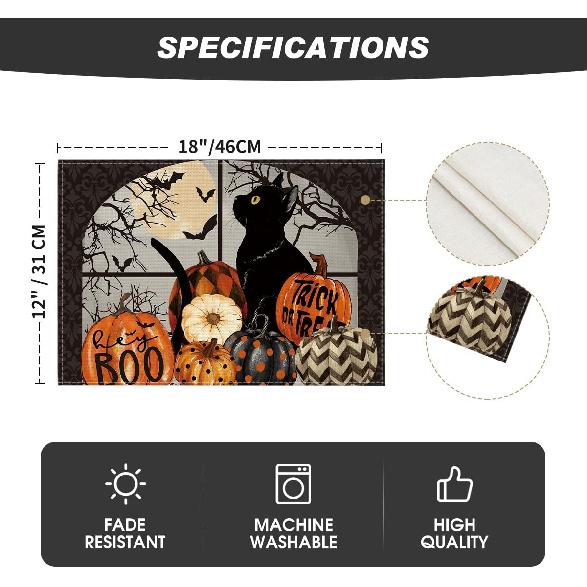 Artoid Mode Boo Black Cat Pumpk Halloween Placemats Set of 4, Trick Or Treat 12x18 Inch Seasonal Fall Holiday Table Mats for Party Kitchen Dining