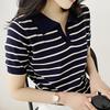 Summer  Turn Down Collar Striped Knitted Sweater Women Pullovers Short Sleeve Knit Sweater Pullover Women Tops