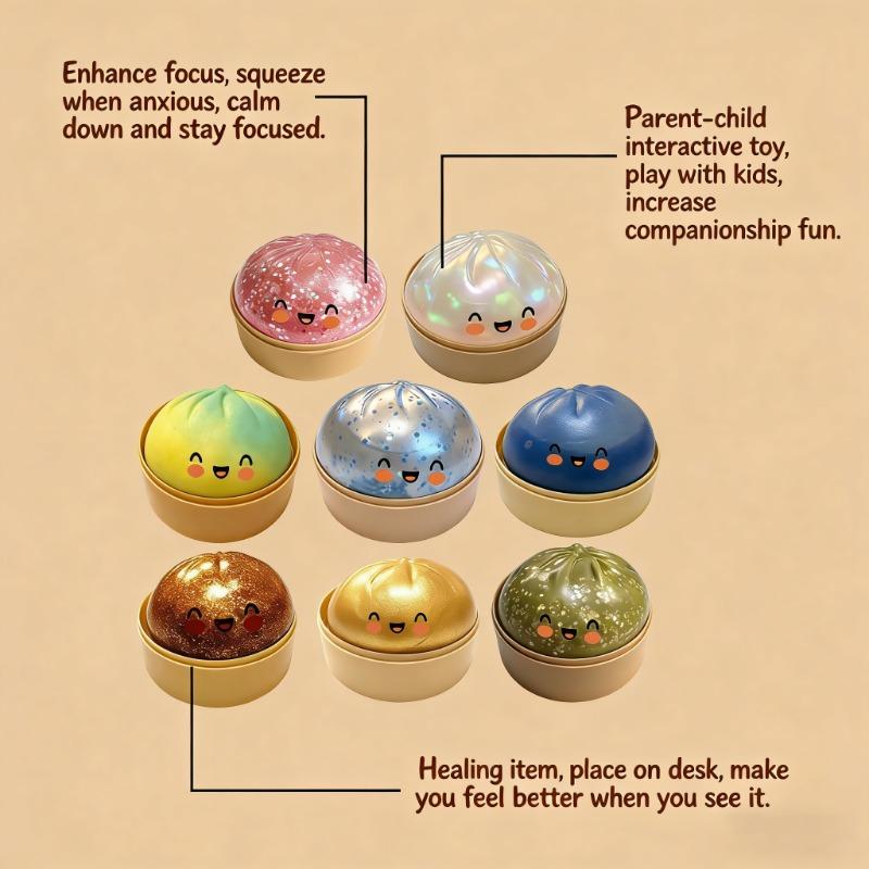Kawaii-Stressball in Knödelform mit Smiley-Gesicht, einzigartiger Dampfgarer-Sockel, knetebarer Teigball, Geburtstagsgeschenk für Mädchen, Jungen und Erwachsene