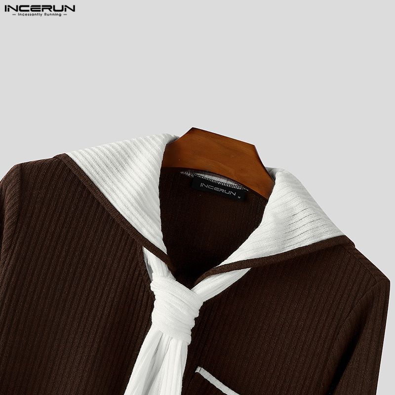 INCERUN Men Sailor Collar Long Sleeve Stitching Autumn Rib Knitted Pullovers Tops