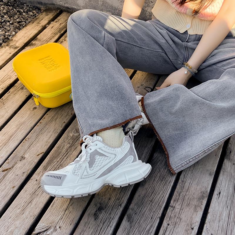 Design Sense Double Shoelace Dad Shoes Women's Spring 2025 New Mesh Breathable Lightweight Thick-soled Casual Sneakers