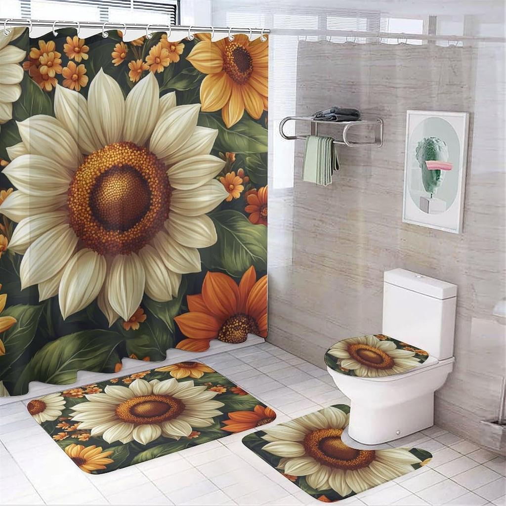 Bathroom Curtain And Rug Set, Sunflower Pattern Printed On Shower Curtain And Bath Mat Set, Designed For Farmhouse Contemporary