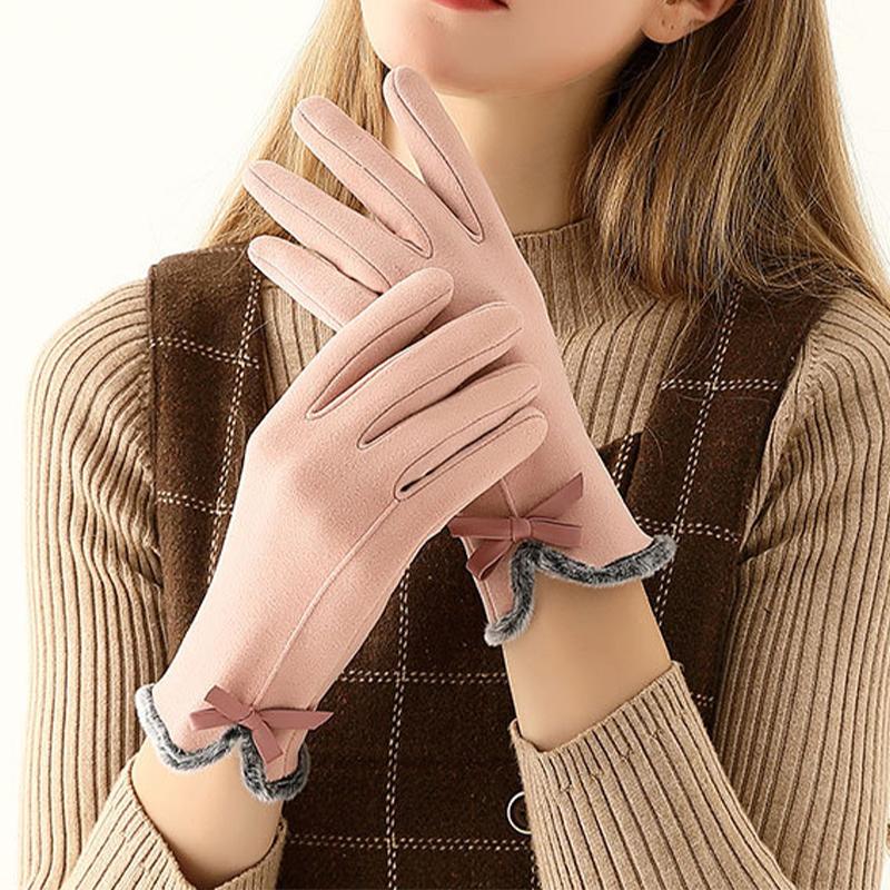 Bow Decor Fuzzy-Handschuhe, elastischer Plüsch, kältebeständig, Vollfinger-Handschuhe für Outdoor-Fahren, Radfahren, Angeln