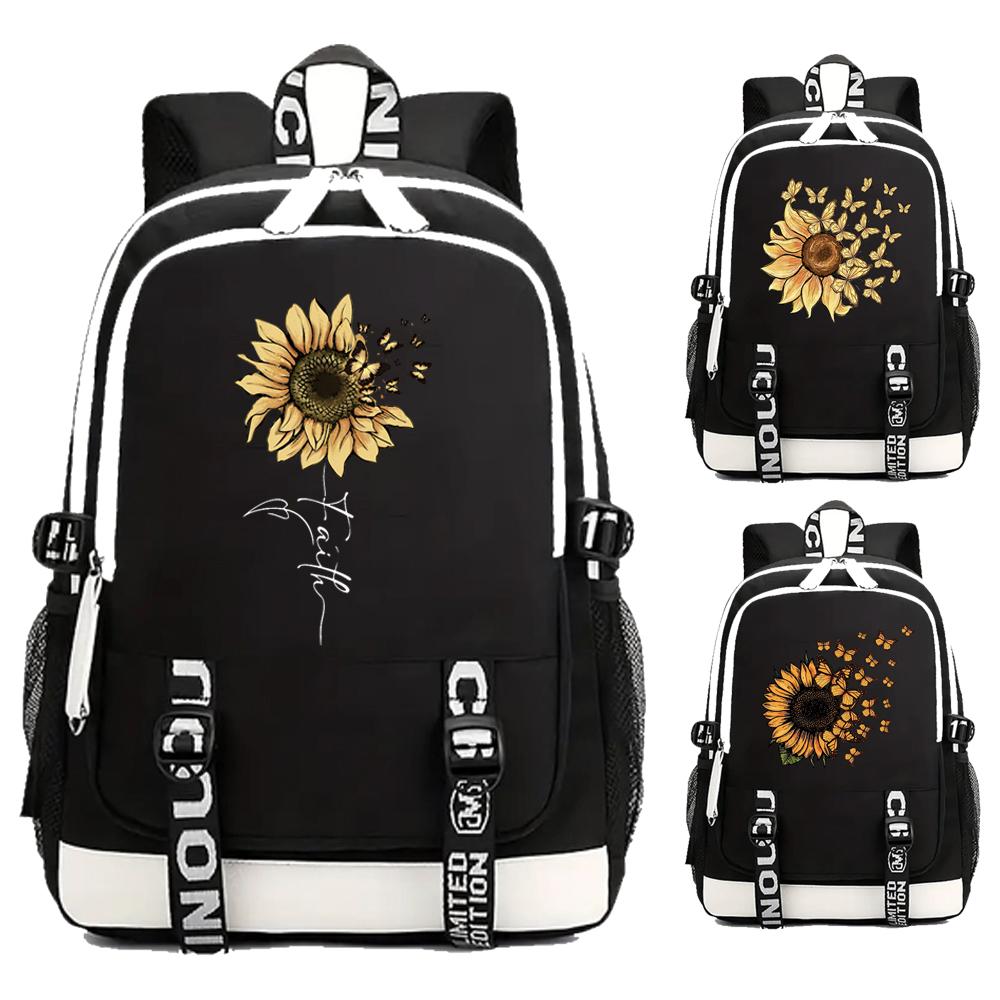 Sunflower & Butterfly Print Backpack Popular Women Girls Fashion Travel Backpacks Outdoor School Bag