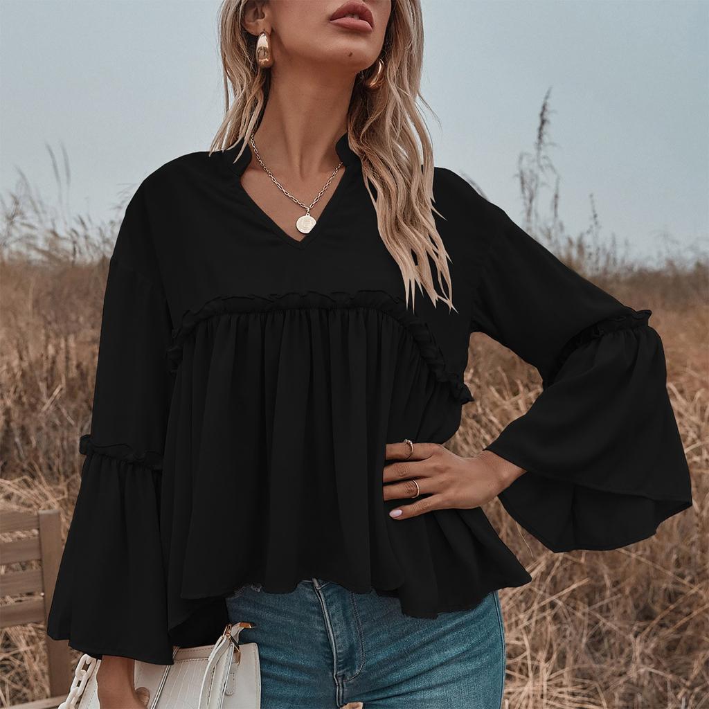Womens Fashion Casual Solid Color V-Neck Flared Sleeve Chiffon Top