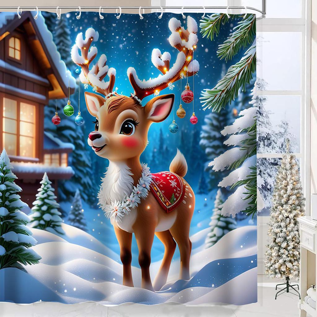 Christmas Tree Reindeer Bathing Curtain  Bathroom Shower Curtain Waterproof With 12 Hooks Fishes Home Deco Free Ship
