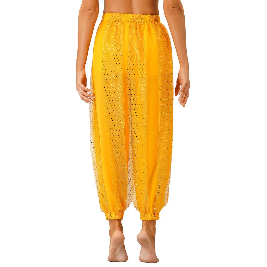 Pantaloncini da Ballo da Donna: Pantaloni in Chiffon a Pois Laccati, Vita Elastica Semitrasparenti per Comoda Danza del Ventre & Costume