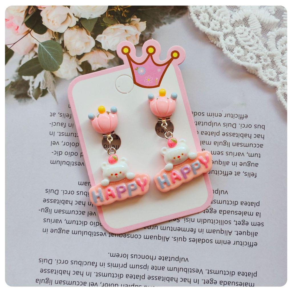 Children's Cartoon Colorful Crown & Animal Ear Clip Earrings