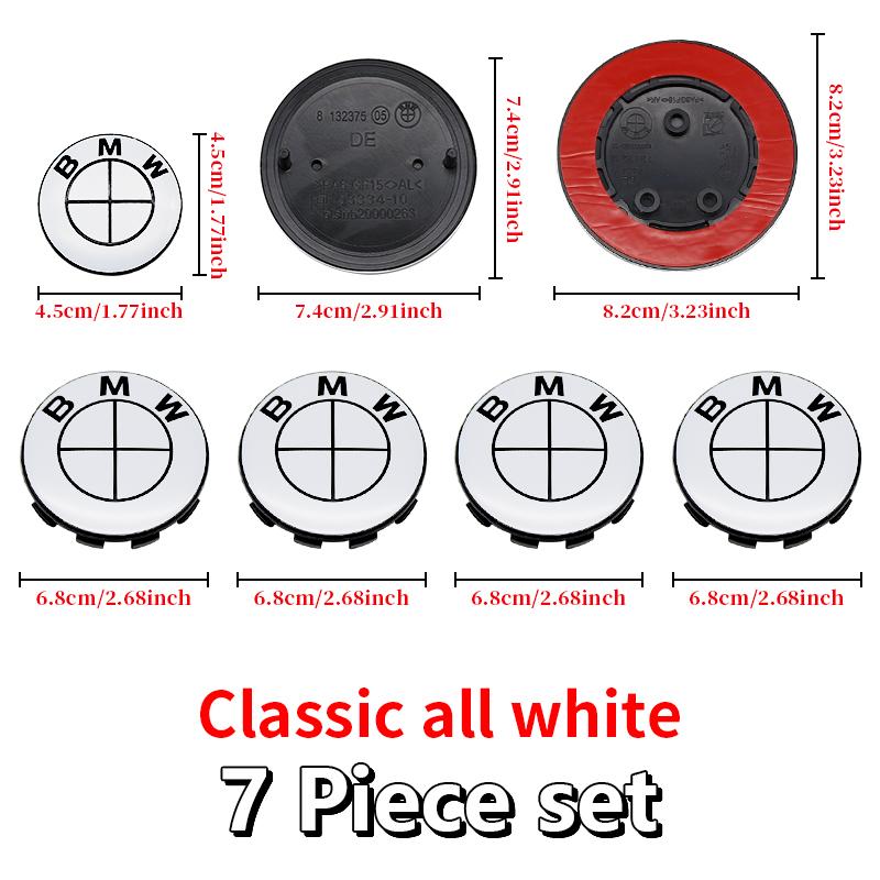 7Pcs Car Front Hood Emblem Wheel Hub Caps All White Logo For BMW M Logo G30 G31 G38 G11 G12 G20 G28 F10 F48 F49 G01 F20 F21 F22