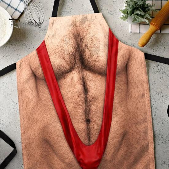 Funny White Elephant Gifts 3D Hairy Men's Body Apron, Novelty Muscle Print BBQ Gag for Men Cooking Bib, Adjustable Polyester Kitchen Apron Grilling