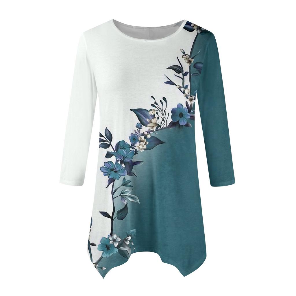 Dámská móda Ležérní tričko s kulatým výstřihem a květinovým potiskem, sedmirukávové, s páskem, volný pohodlný top