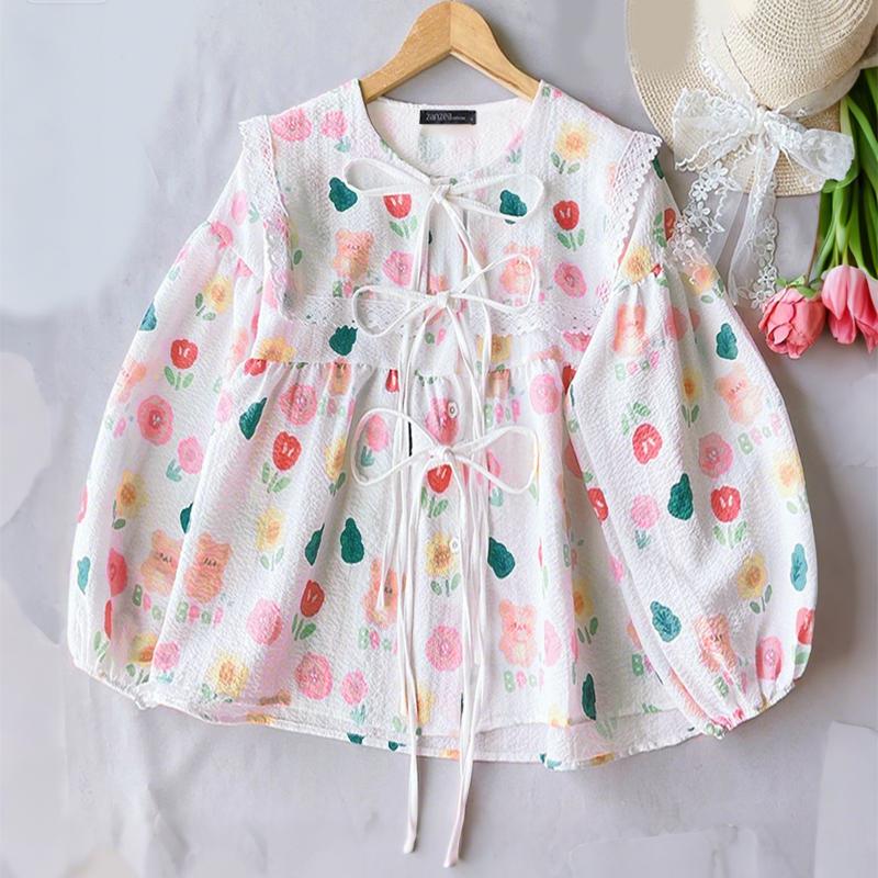 

ZANZEA Женская повседневная блузка свободного кроя с принтом, темно-синим воротником и рукавом 3/4 XL белый