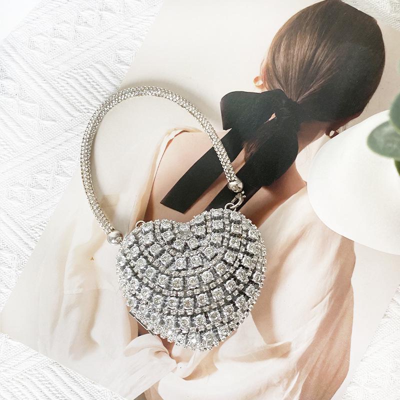 Mini Heart Chain Evening Bag with Diamond-Inlaid Stones