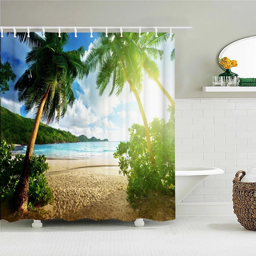 Sunny Beach Palme Meereslandschaft Stoff Duschvorhang Wasserdicht Polyester Badvorhänge für Badezimmer Dekorieren mit Haken