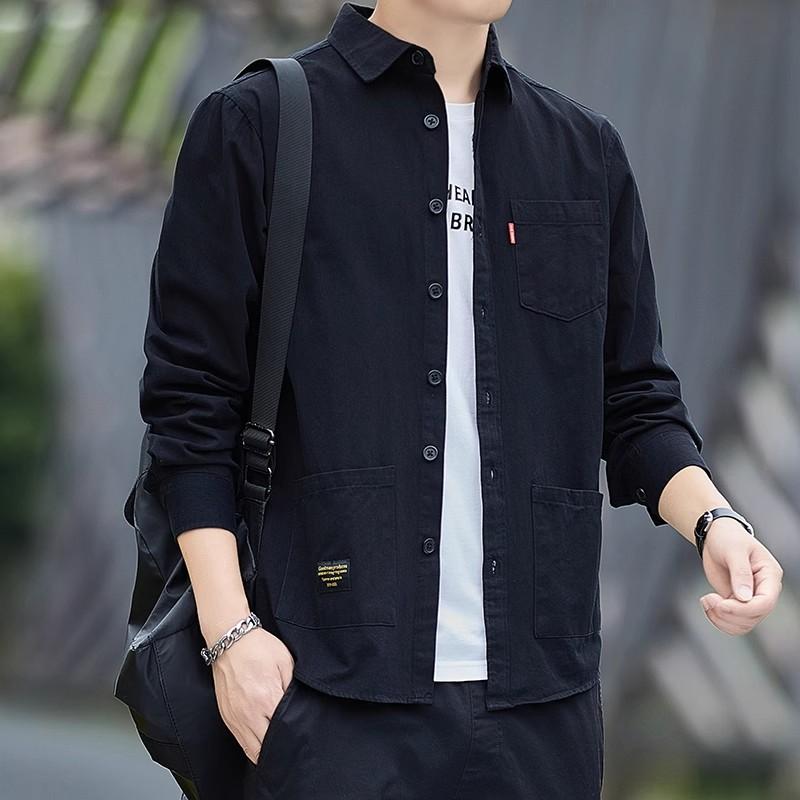 Men's Spring Autumn Long Sve Work irt Wear Resistant Large Size Simple American Sle Loose Fit Youth Faion Pure Color