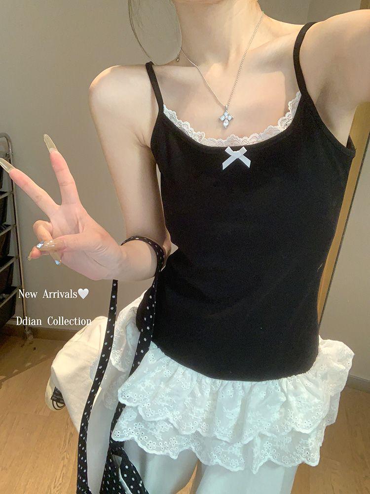 Women's White Bow Strap Layered Tank Top with Lace Trim - Spring/Summer 2025 Collection