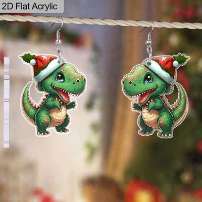 2D Flache Weihnachtsmütze Grüne Dinosaurier Hängeohrringe, Leichtes Acrylmaterial, Ideale Wahl für Partygeschenke und Schmuckgeschenke.