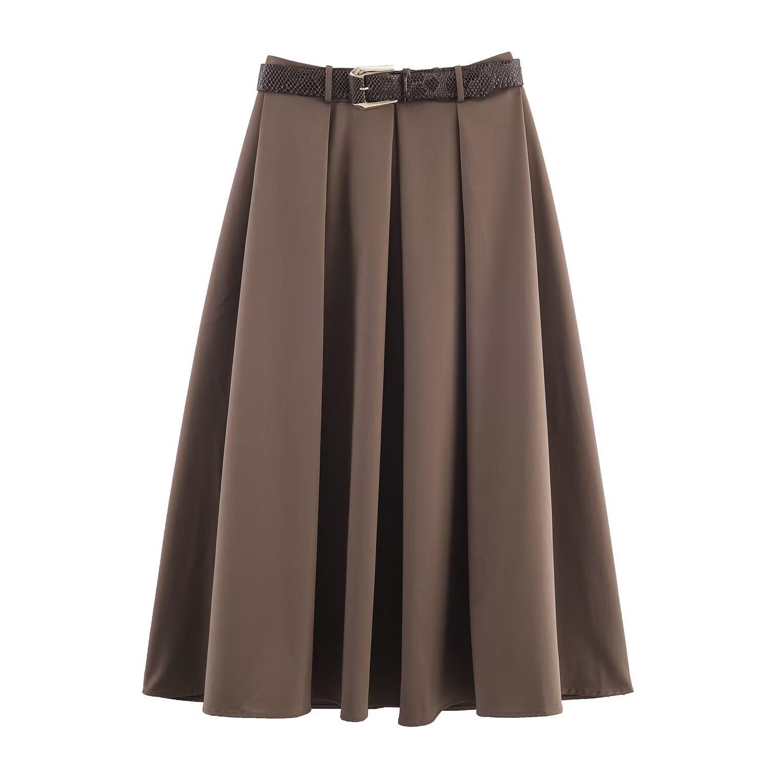 Autumn 2025 Women s Pleated Cloak Midi Skirt with Belt Medium