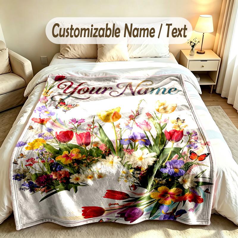 Floral Garden Theme Soft Blanket Personalized Custom Name Text Print Warm Blanket Home Sofa Bedroom Decor