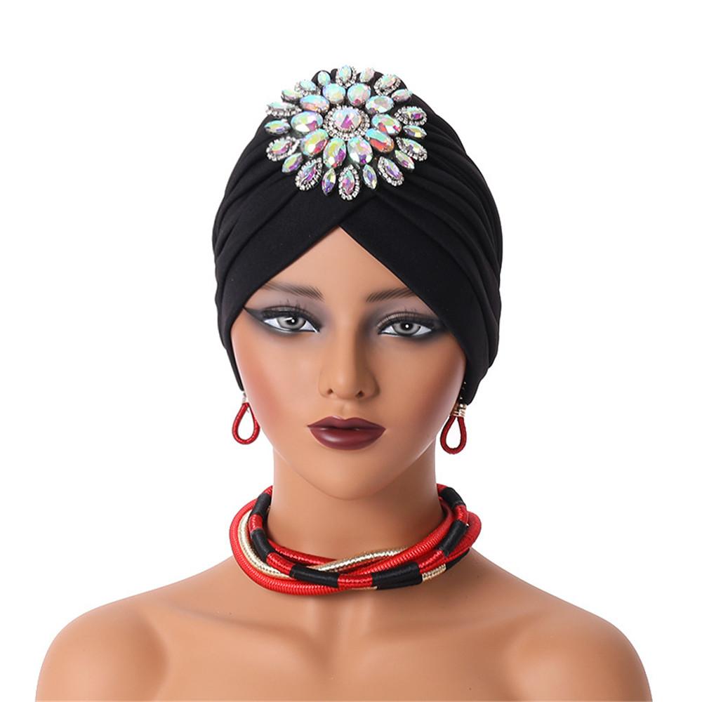 African Women's Headscarf Hat , Aoto Gele Fashion Style African Women's Folding Caps With Diamond Hair Buckle