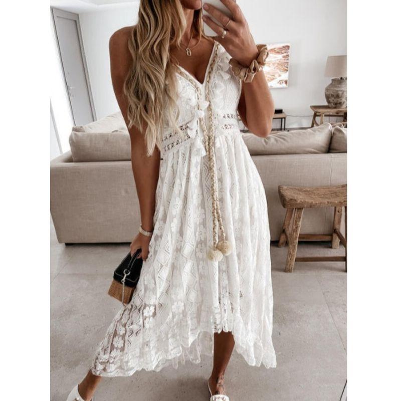 Summer New Arrival European and American Sexy V-neck Lace Cut-out Ruffled Irregular Swing Sling Dress Dress for Women