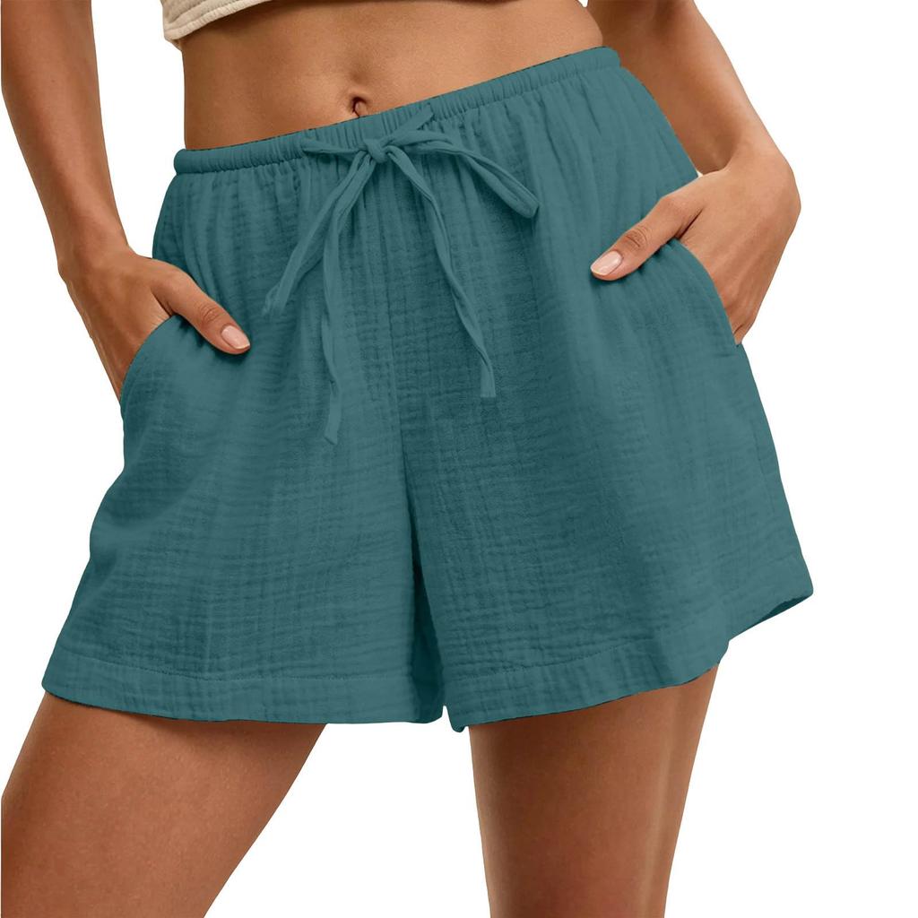 Women's Casual Drawstring Waist Shorts with Pockets Lightweight Cotton Linen Blend Relaxed Fit Summer Beachwear Bottoms