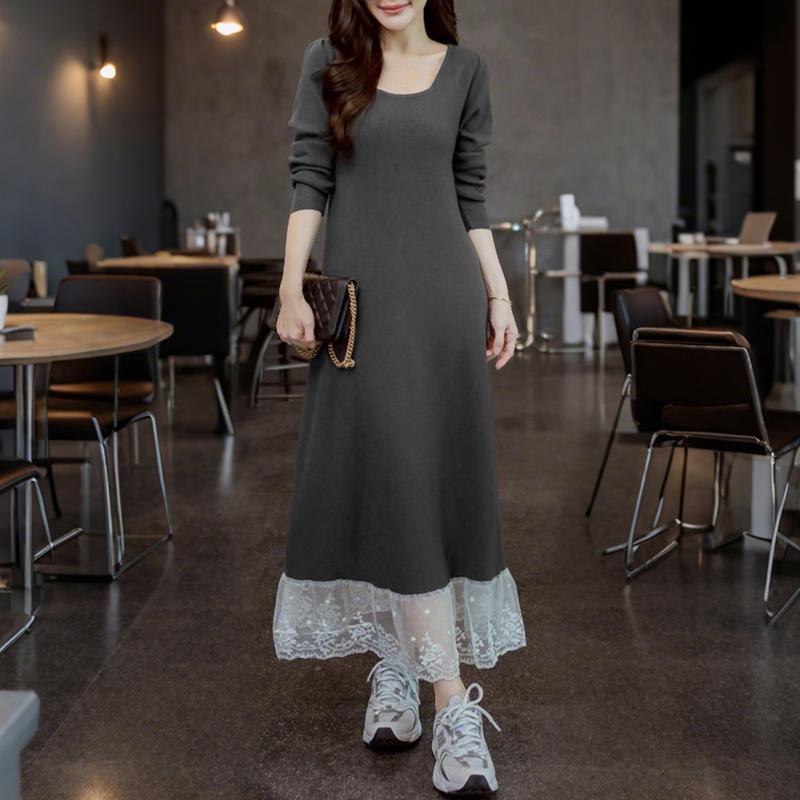 

ZANZEA Women Round Neck Long Sleeve Casual Lace Splice Long Dress 2XL темно-серого