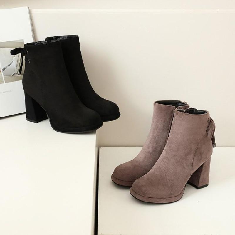 Booties Women Fall Winter 2025 New Round Toe Bow Side Zipper British Style Platform Heels