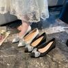 Pointed Toe Shallow Slip Rhinestone Bow Versatile Fashion Women's Single Shoes Slip-On High Heels
