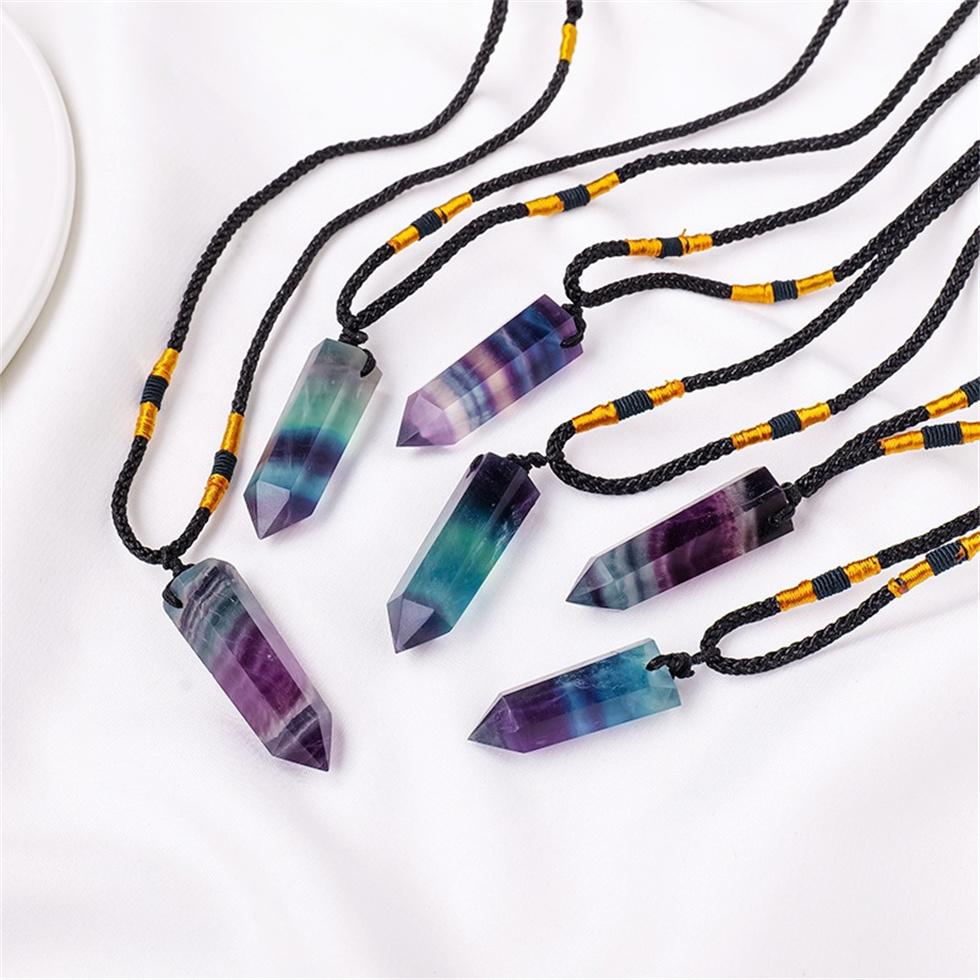 Natural Crystal Rainbow Fluorite Single Point Crystal Jewelry Necklace Polished Healing Crystal Crafts Jewelry Pendant