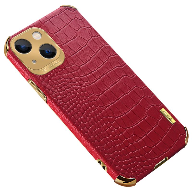 

For iPhone 15 Plus Crocodile Texture PU Leather Coated TPU Cover 6D Electroplated Phone Case Red