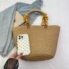 Woven Straw Shoulder Bag Lightweight Large Capacity Beaded Handle Zipper Closure for Beach Vacation Summer Outings Handbag