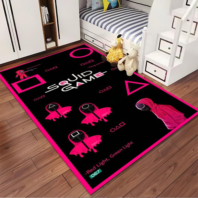 "Alfombra de Juego del Calamar con Guardias Rosas y Diseño de Símbolos Geométricos" Adecuada para usar como antideslizante para sala de estar, dormitorio, sofás