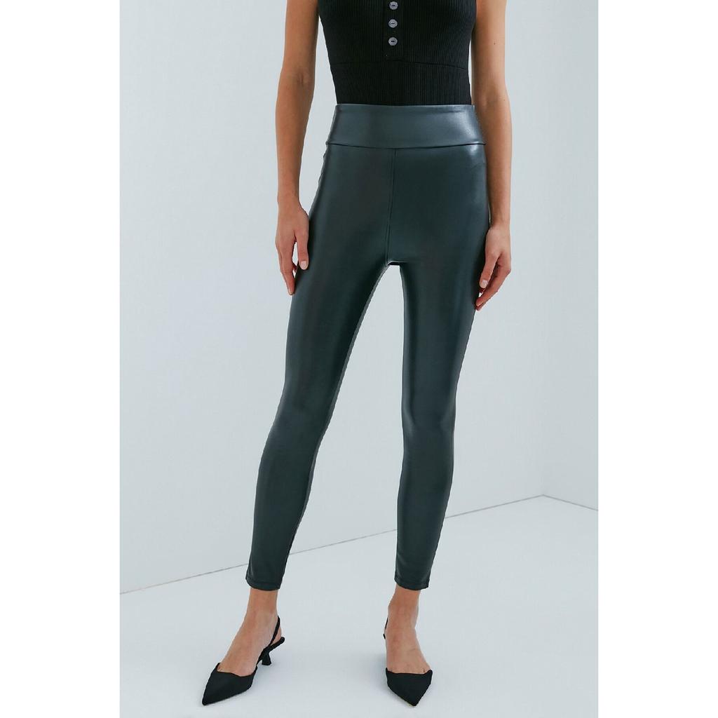 Black Extra High Waist Leather Look Ankle Length Thermal Tights