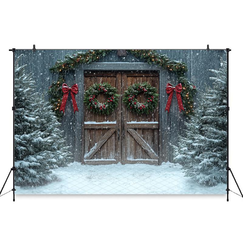Mocsicka Christmas Photography Background Winter Snowflake Decoration Photo Backdrops Xmas Tree Red Door Pattern Shooting Banner