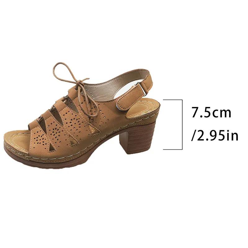 Retro Cross Tied High Heel Sandals Women Plus Size Thick Sole Non Slip Slippers Summer Hollow Comfort Chunky Platform Beach Shoe