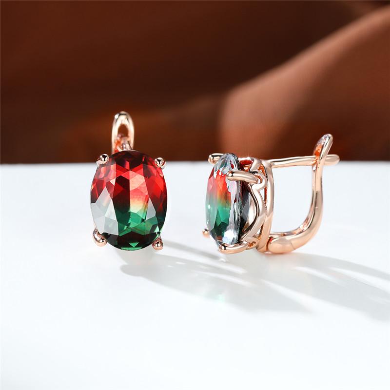 Crystal Female White Red Oval Stone Clip Earrings Rose Gold Color Multicolor Zircon  Wedding Jewelry For Women