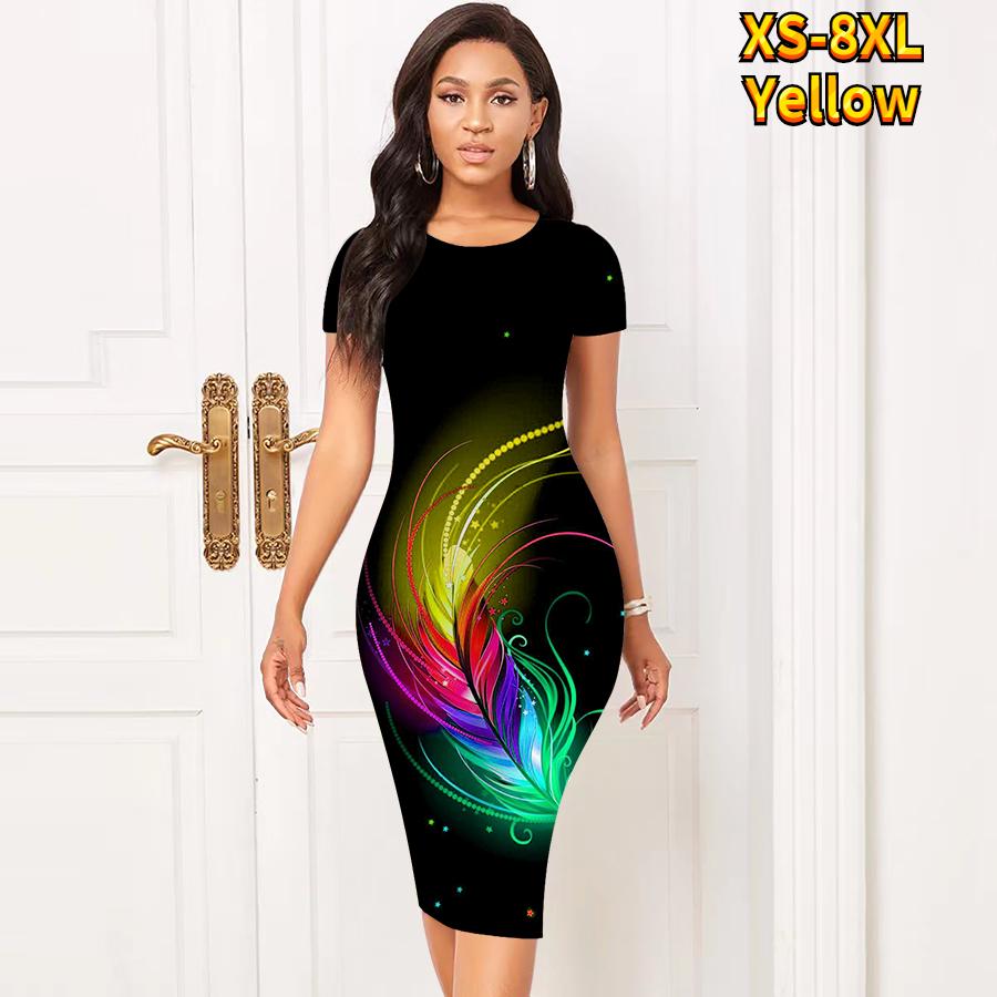 

Тонкое платье длиной до колена с коротким рукавом, модное женское платье миди с 3D разноцветным принтом перьев 5XL жёлтый