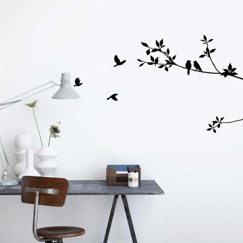 60*24cm Birds Tree Branch Leaves DIY Art Wall Stickers Removable Vinyl Living Room Decal (Color: Black)