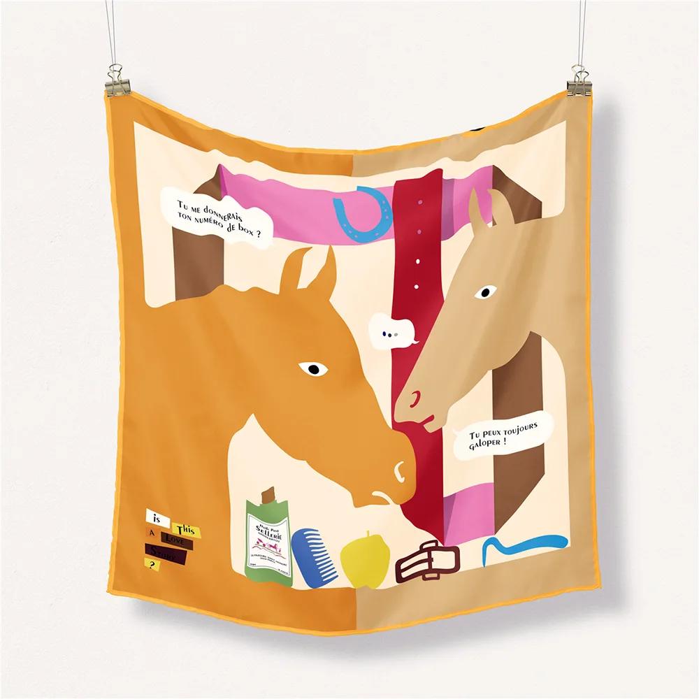 Luxury Horse Print Silk Square Scarf Women Spring Neck Tie Shawl Wraps Female Hair Hand Wrist Headkercheif Hijab Bandana