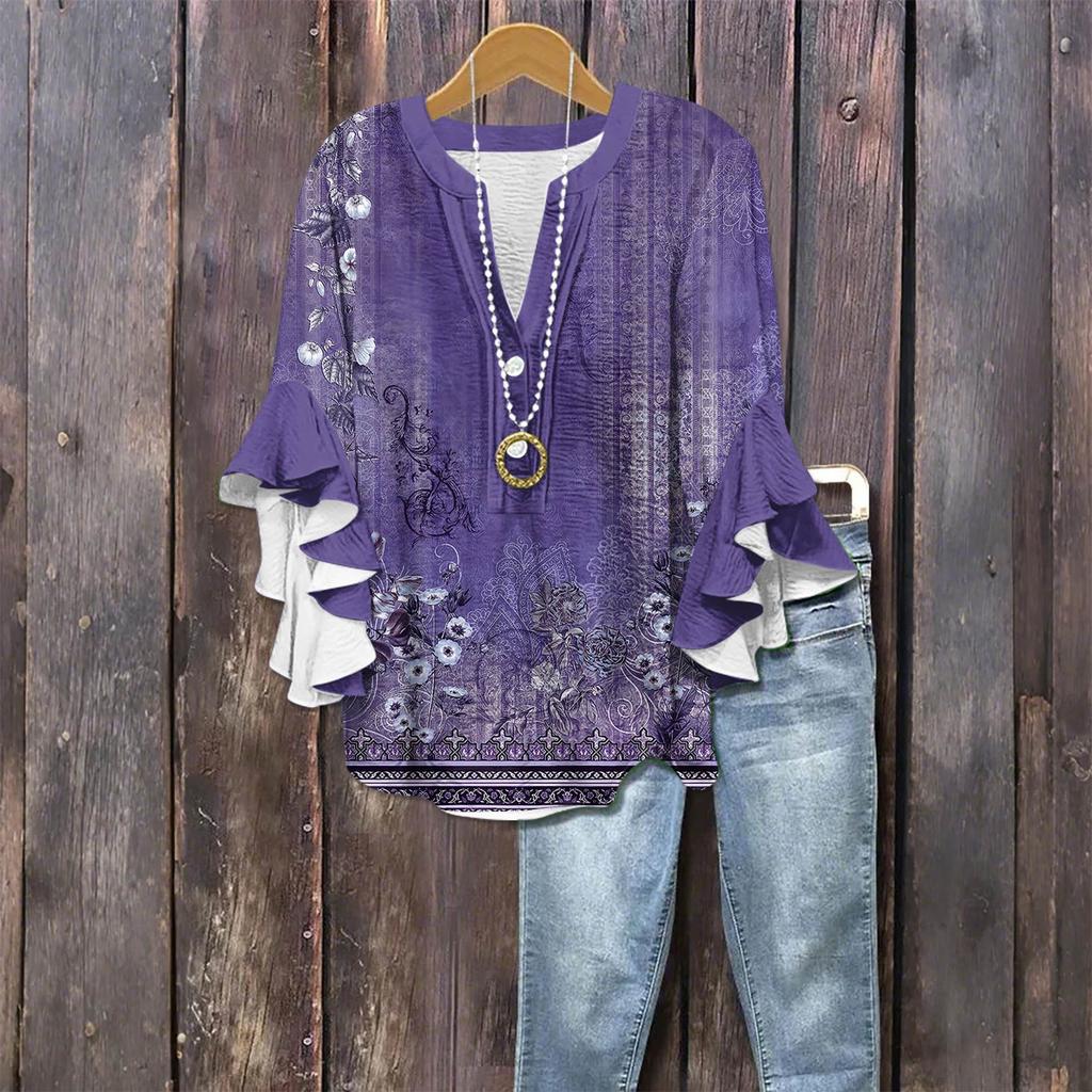 Modă Femei Casual Buton Gât V Mânecă Șapte Bluză Top Imprimeu Vintage