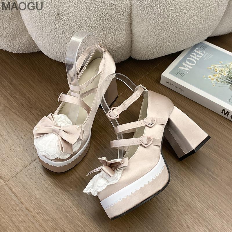Beige Lolita Shoes Platform Chunky Heels Kawaii Sweet High Heel Pumps Round Toe Lace Bowknots Mary Jane Shoes Zapatos De Mujer