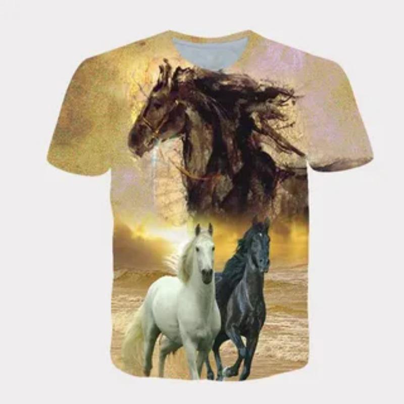 Summer Comfortable Fashionable 3D Printed Horse Pattern Round Neck Kids Clothes Fashion Casual Tops Soft Girls Creative Colorful T-Shirt