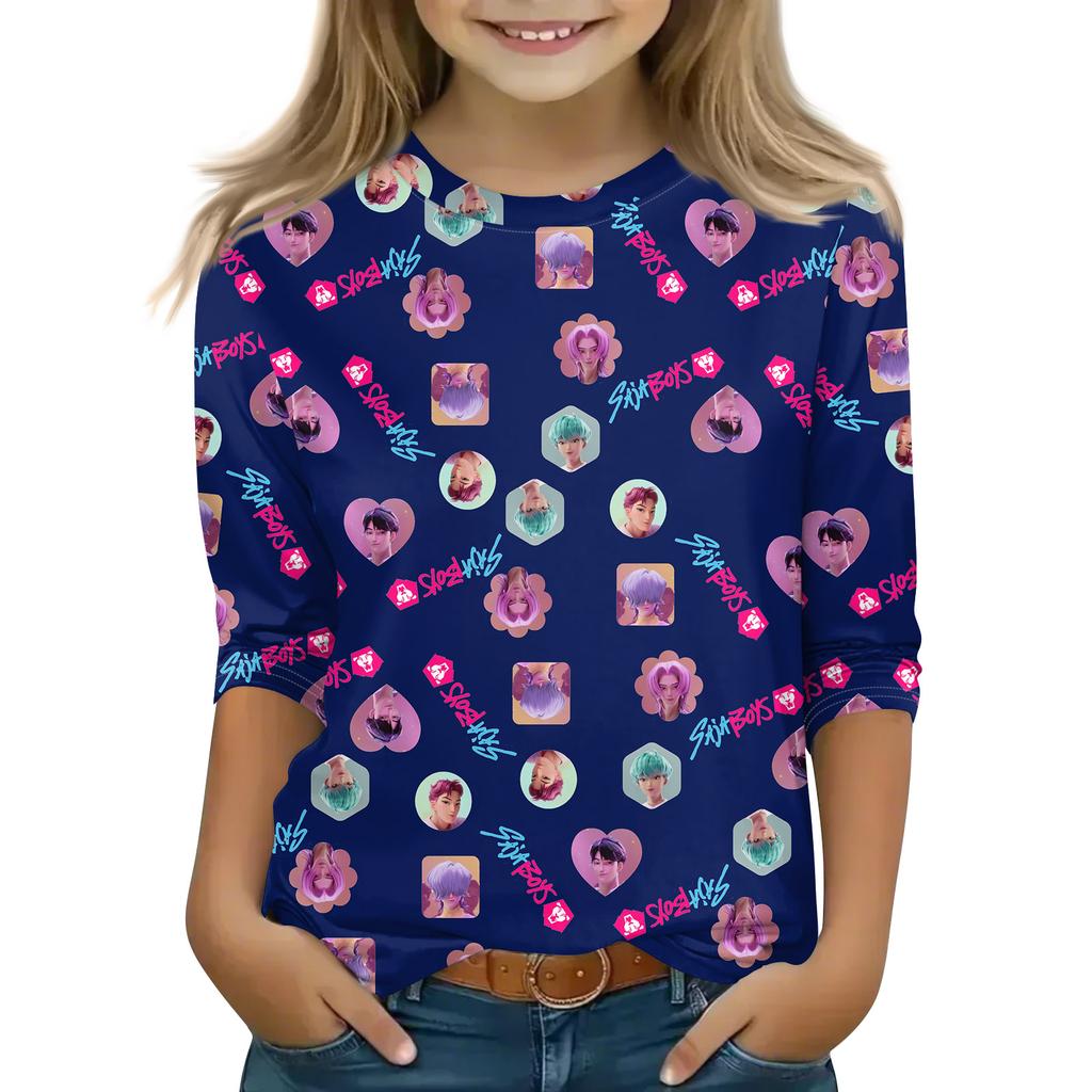 Druck-Tops für junge Mädchen 4-11 Jahre Rundhals 3/4-Ärmel T-Shirts Trendige Tops Outfit T-Shirts