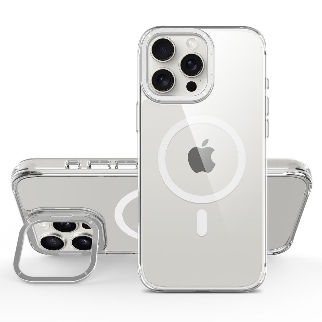 For iPhone 16 Pro Magnetic Case Shockproof TPU+PC Phone Back Cover with Metal Lens Kickstand