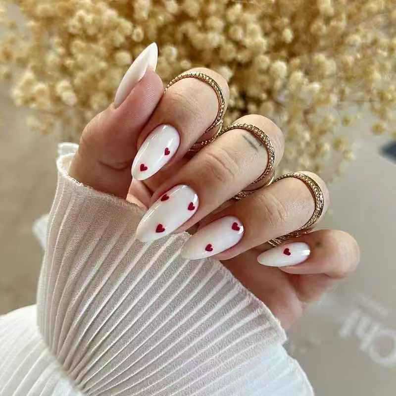 24PCS Sweet Pink French False Nails with Glue Cute Heart Star Almond Press On Nails Full Cover Detachable Valentine's Fake Nails