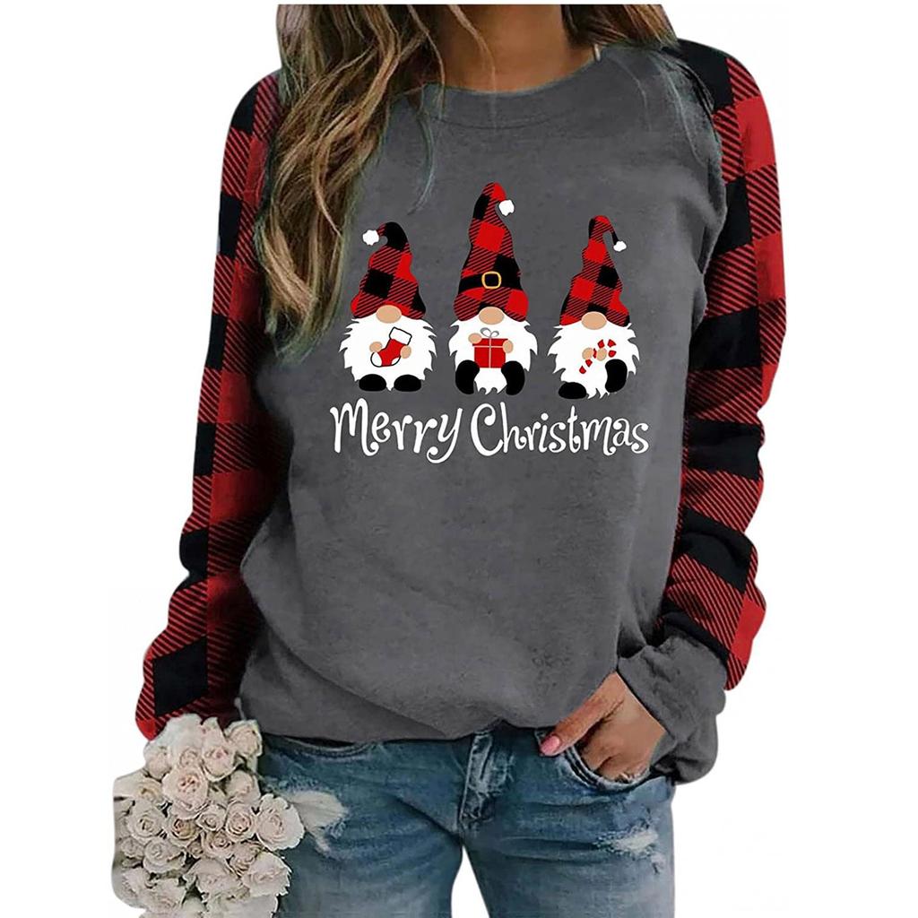 Dámské módní kostkované tričko s vánočním potiskem s kulatým výstřihem a dlouhým rukávem