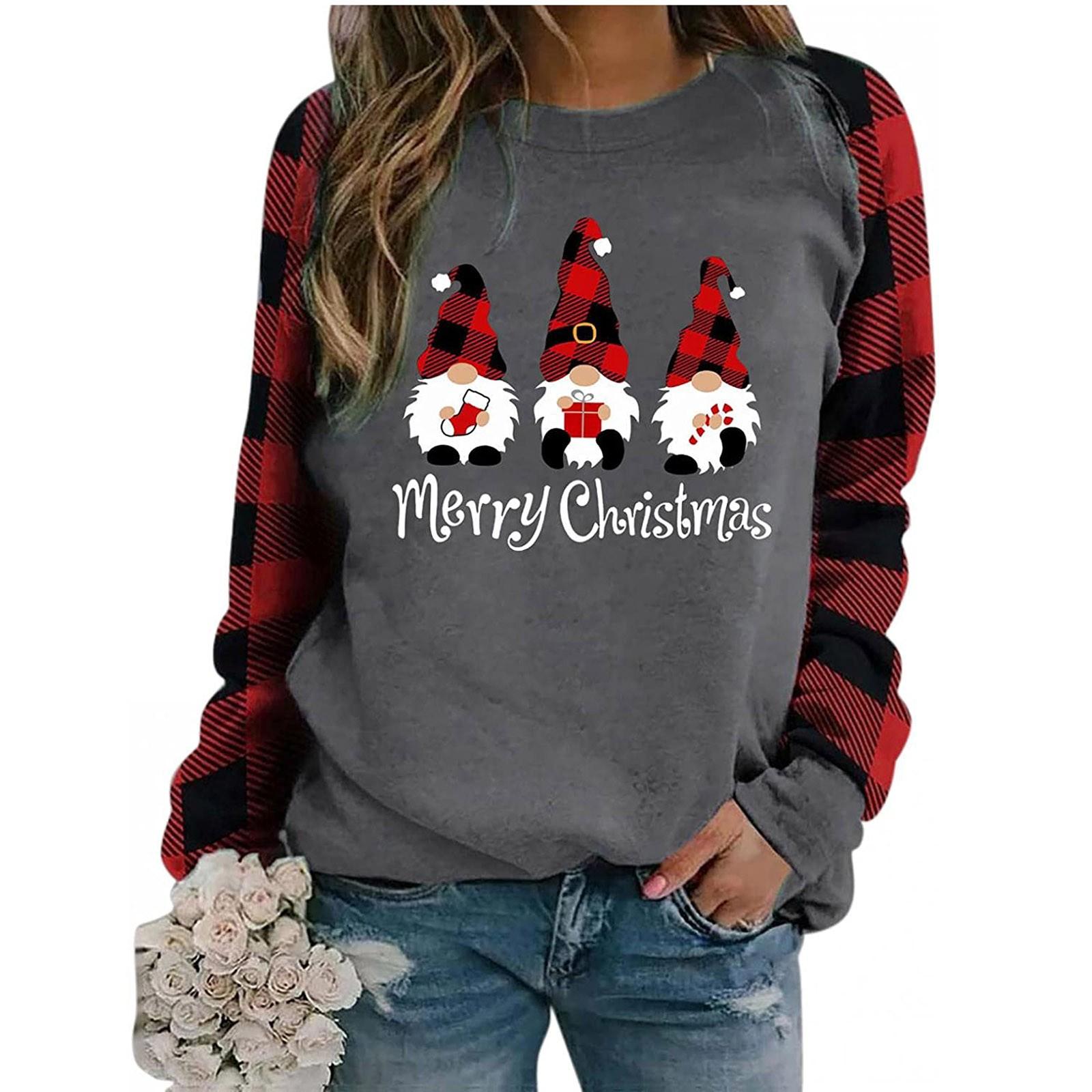 

Женская модная клетчатая лоскутная футболка с рождественским принтом и круглым вырезом, длинным рукавом, топ M белый