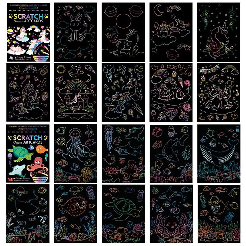 18 PCS Scratch Painting Papers Magic Rainbow Colored Drawing Set Space Animal Ocean Pirate Bamboo Stick Gifts for Boys Girls ZYF